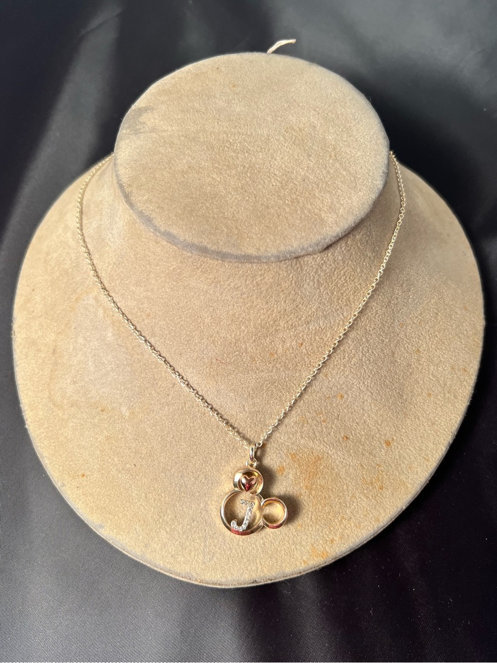 Disney Mickey Mouse J Initial Crystal Pendant Fine Silver Plate Necklace 9” Long